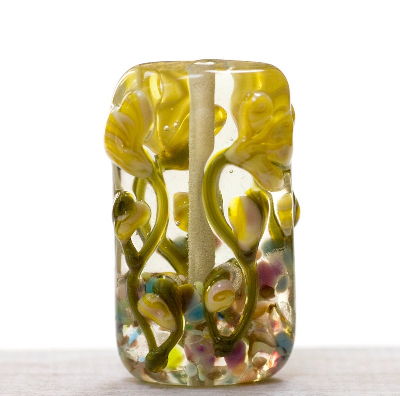 Lampwork Bead Glass Handmade Yellow Flowers Floral Focal
