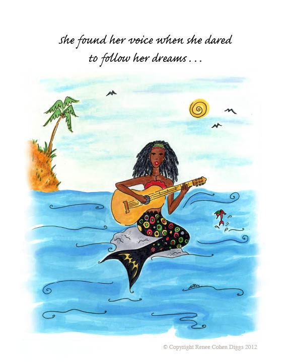 Girls Room Art: Mermaid Singing With Guitar Print 8x10
