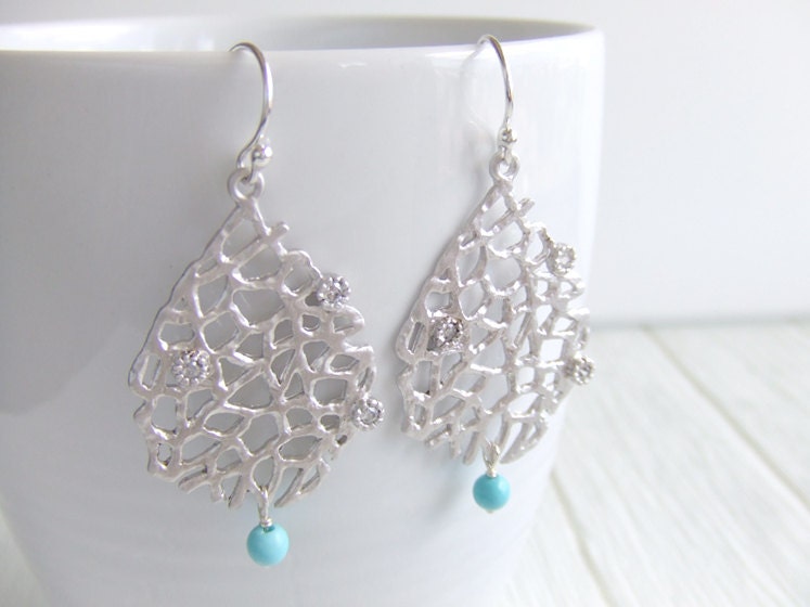 Sea Fan Teardrop with Turquoise & Sterling Silver Jewelry Earrings, Statement Earrings, Ocean Inspired, Fashion Wearable, Under 30
