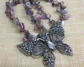 Mother of Pearl & Crystal Beaded Wire Crochet Necklace in Greys Gunmetal with Interchangeable Butterfly Pendant