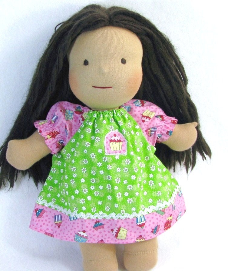 14 to 15 inch Waldorf style peasant dress in pink and green, cupcakes and daisies