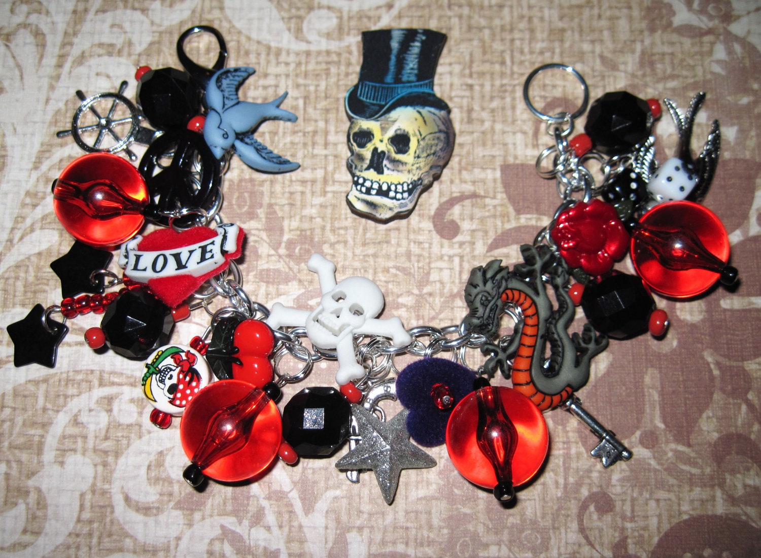 Tattoo Charm Bracelet Rockabilly Punk Rock Retro OOAK Vintage Style Statement Jewelry Piece Skull Swallow Hearts Gun Cherries Stars Rose