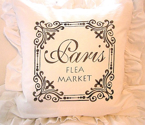 Made To Order Shabby French Chic White Ruffled Linen Blend Pillow Black Ornate Framed Paris Flea Market Design (SLIP COVER ONLY)