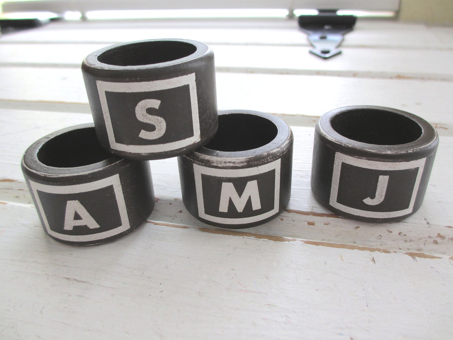 Distressed Wood Napkin Rings with Initials - Set of 4