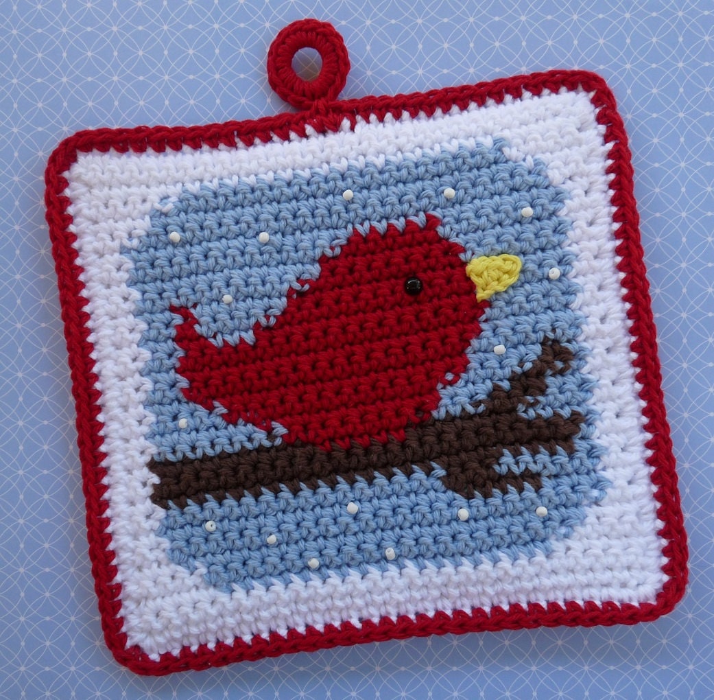 Red Bird in the Snow Potholder Crochet PATTERN - INSTANT DOWNLOAD
