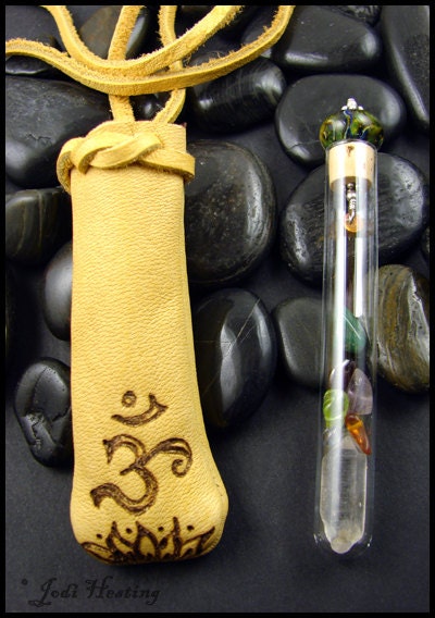 Beadworx - Deerskin Leather and Lampwork Medicine Bag - Chakra Necklace - Crytsal Keeper - Ohm Lotus