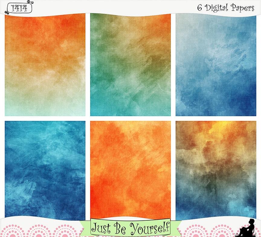 Grungy Blue and Orange Printable Art Journal Papers 8.5 x 11 inches - Instant Download Set of 6 JPEG & PDF included (1414)