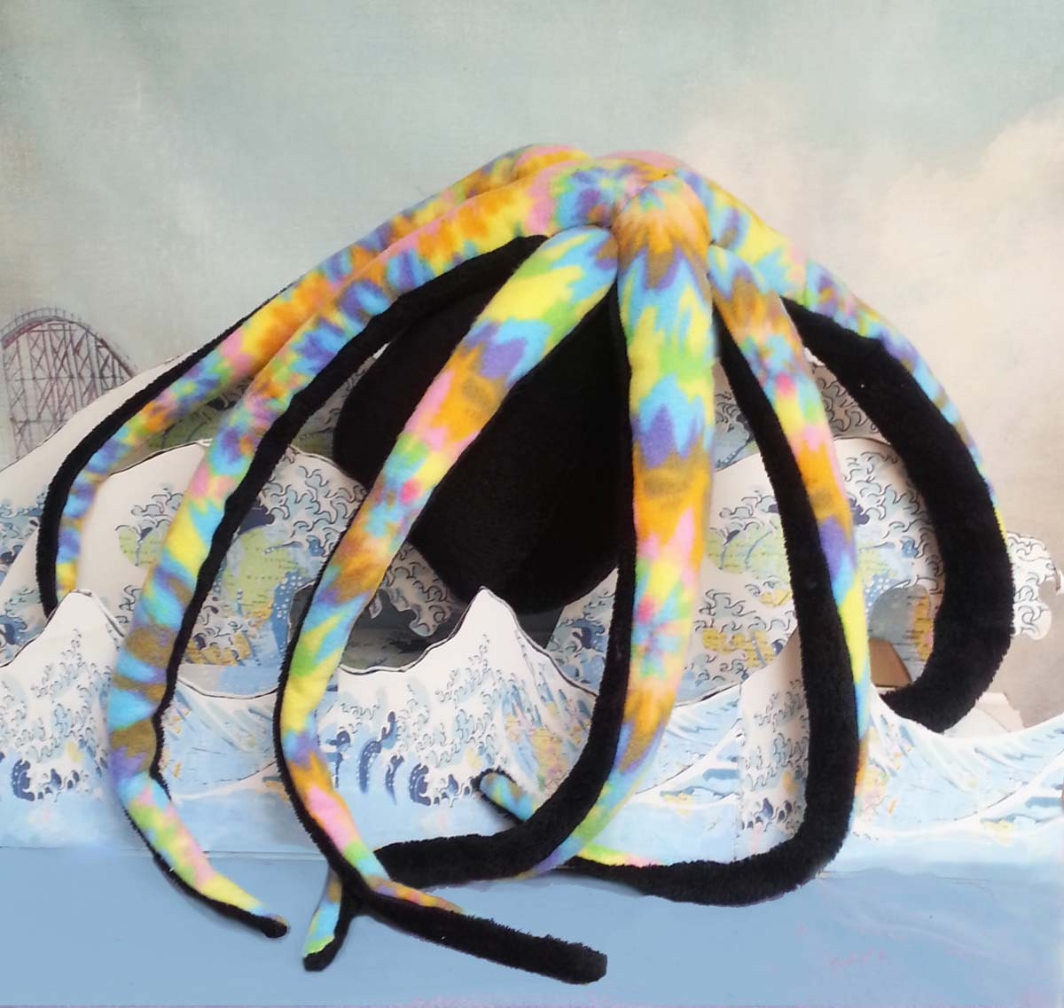 Tyedye LAST ONE Large Plush Black Octopus Toy in  minky fleece Xplush Xsoft  Free Love  felt heart