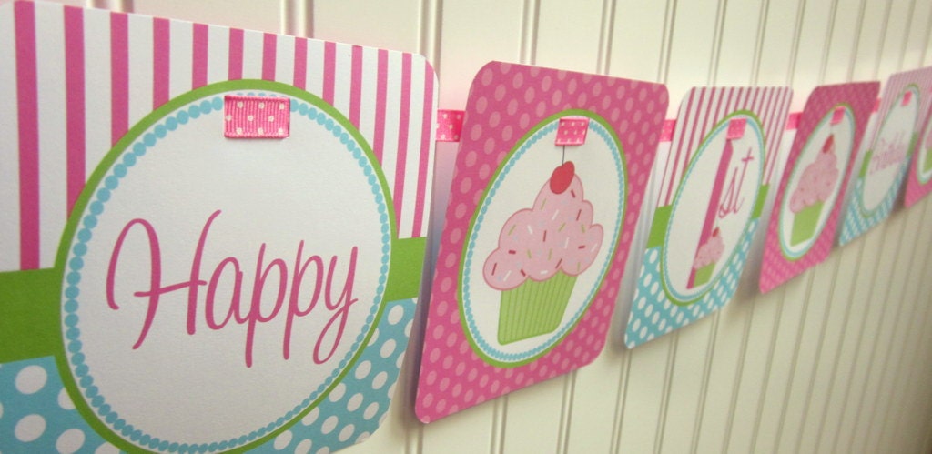 NEW - Polka Dot Cupcake - Happy Birthday Banner
