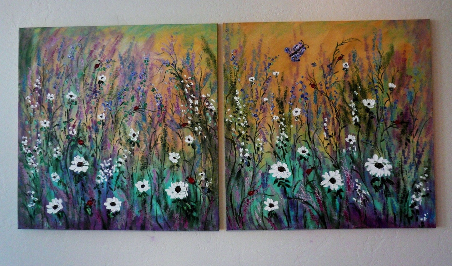commission Original Large oil painting contemporary modern White Flowers and ladybugs with butterfly by Vadal