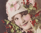 Beautiful Tinted Vintage Postcard of Young Girl with Winter Berries