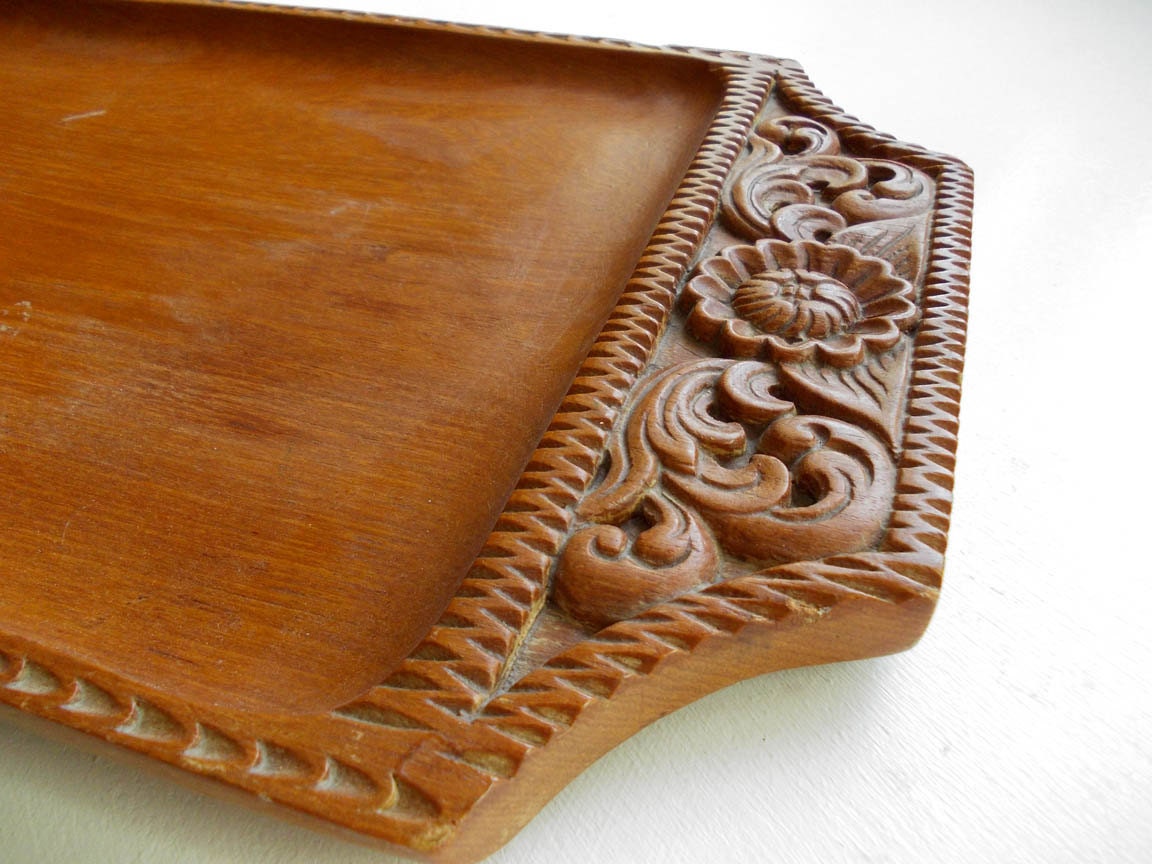 Mid Century Teak Tray : Hand Carved Wooden Serving Tray