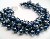 Bridesmaid Jewelry, Navy Blue Pearl Beaded Bracelet, Cluster Bracelet, Pearl Bracelet, Bridesmaid Gift - Jewelry By Kim Smith