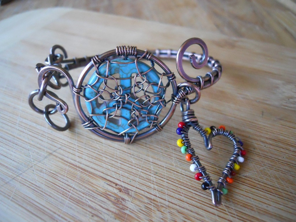 Dreamcatcher Bracelet Peace and Love Inspired Turquoise Howlite Multicolor Seed Beads Heart Wire Wrapped in Oxidized Copper