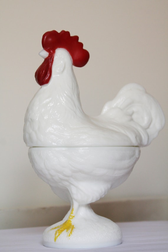 Vintage Westmoreland Standing Rooster - Candy Dish - Covered Dish - Marked - Milkglass - Milk Glass