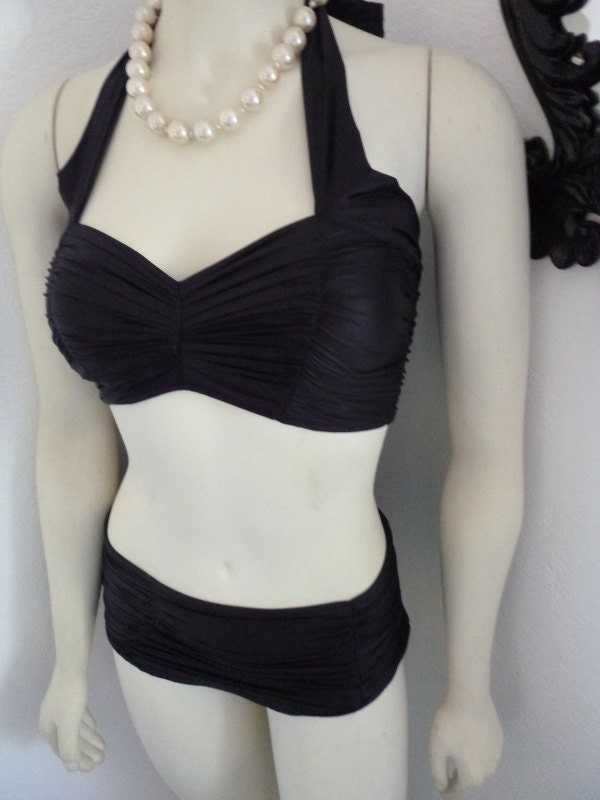 Black retro rouched two piece bikini swimsuit made to order