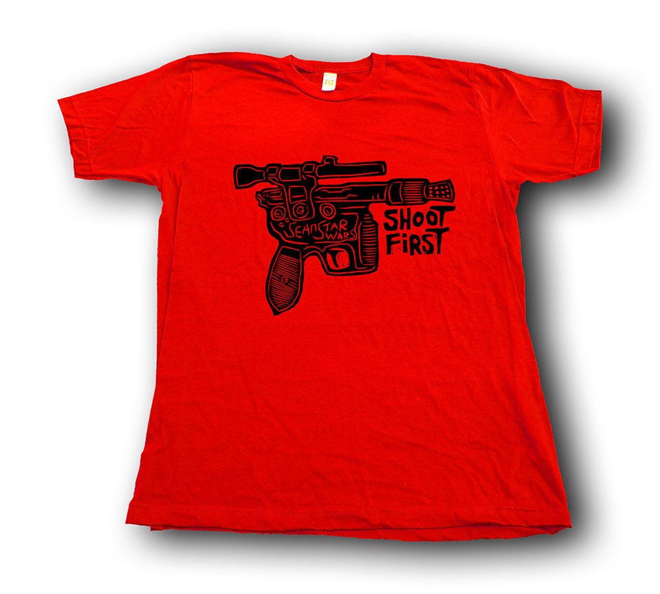 Shoot First  Woodblock Printed Tee Shirt in hand printed gift box