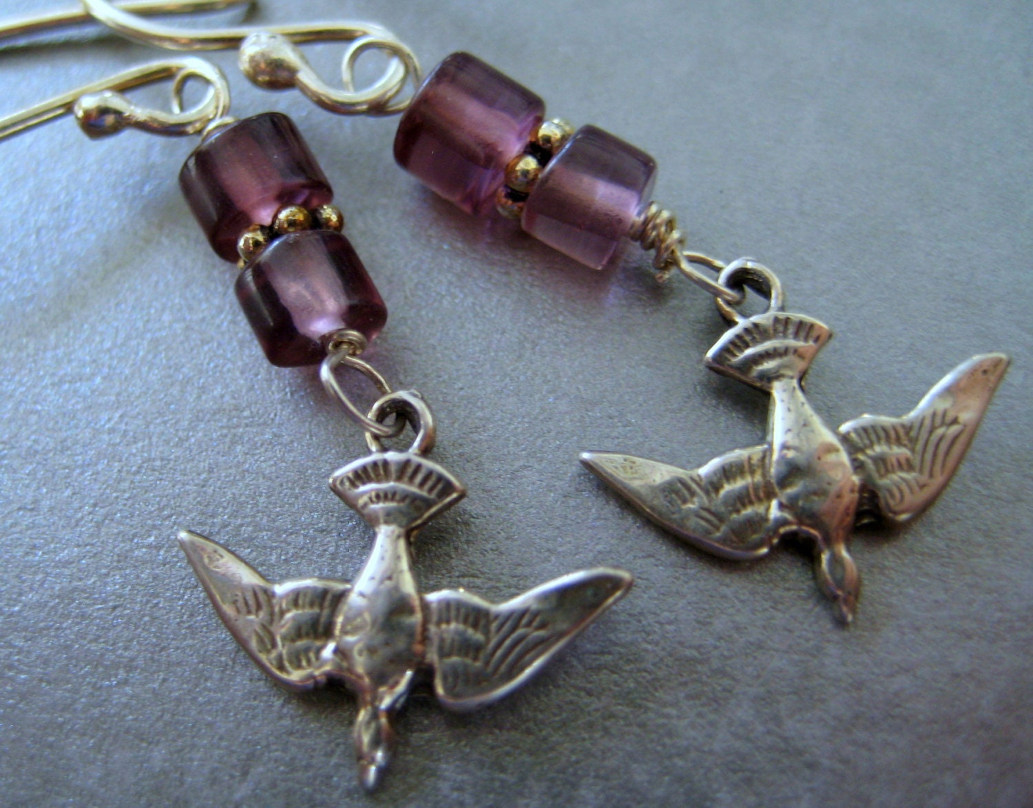 Silver Dove earrings-Amethyst stone silver sparrow Earrings-Sterling Silver bird charm earrings- fine  purple sparrow  earrings