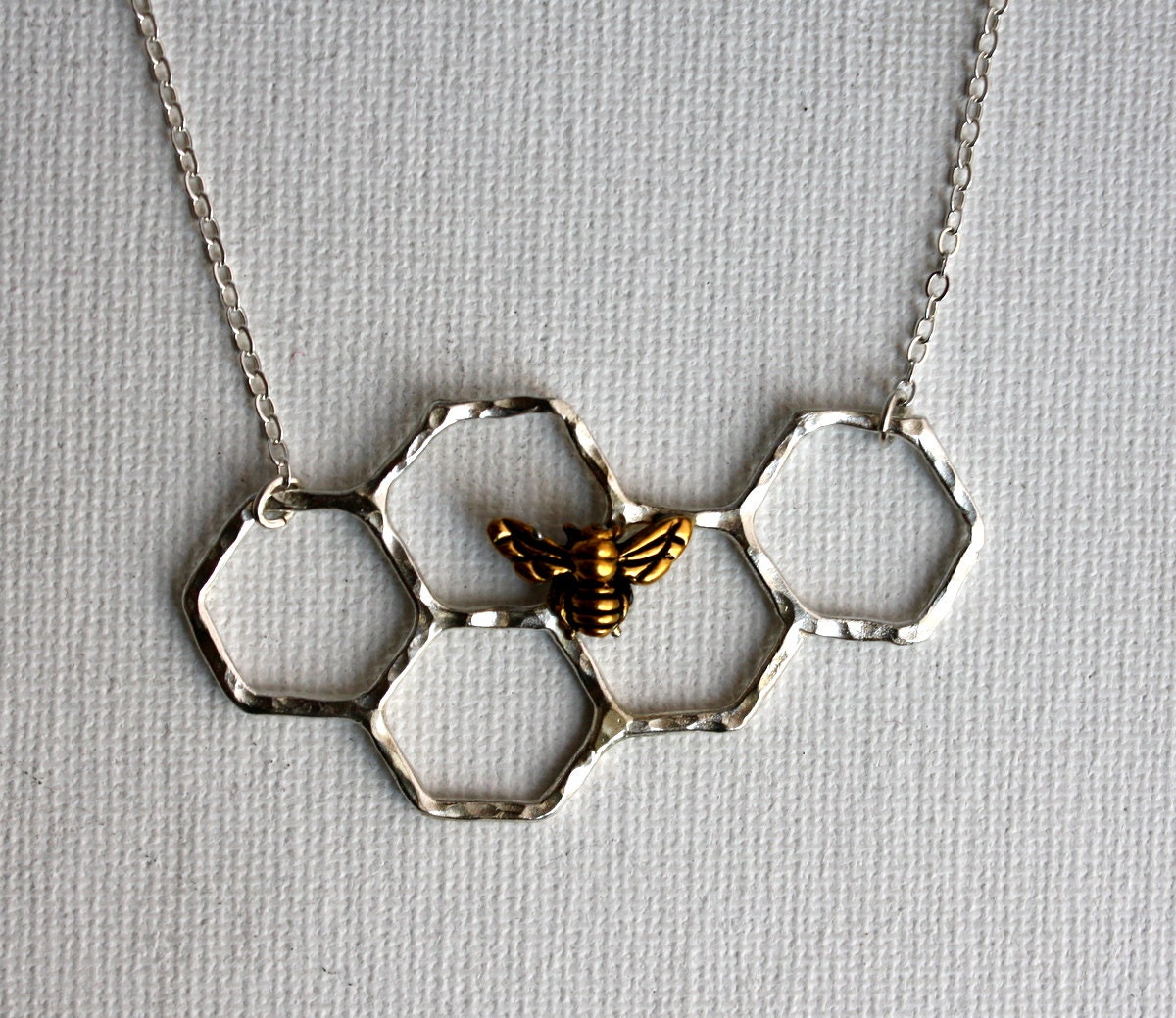 Sterling Silver Honeycomb Necklace with Bee Perched