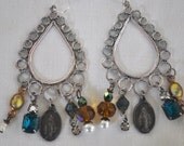 Large repurposed vintage religious medals blue and amber chandelier gypsy earrings