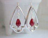 Rich Siam Ruby Red Swarovski Teardrop Suspended in Silver Trefoil earring Free USA Shipping