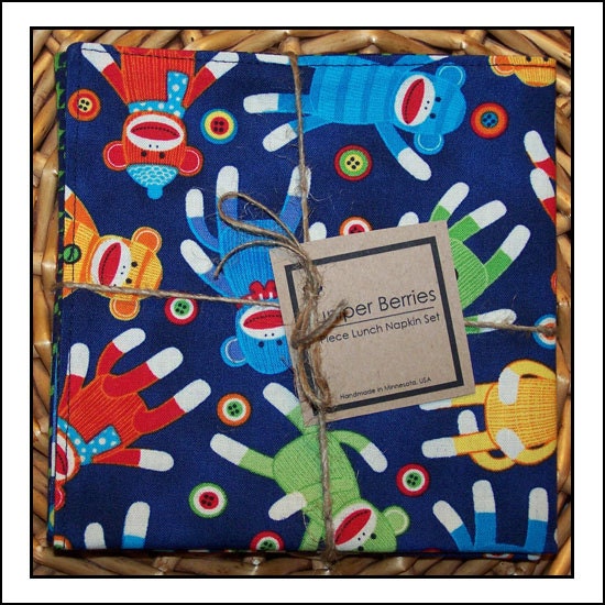 Sock Monkeys Pair of Reversible Cloth Lunch Napkins