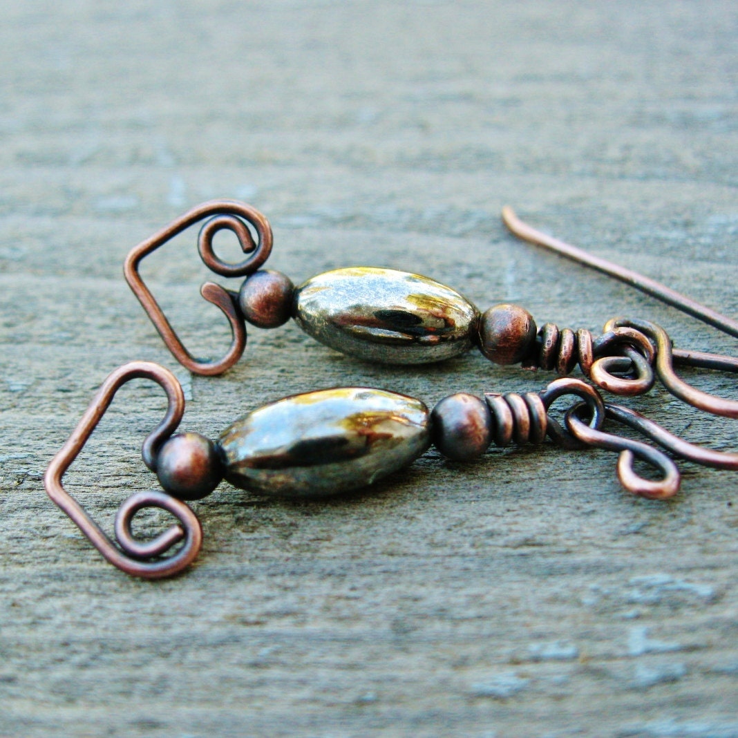 Silver Belly Bear Hug Heart dangles wire wrapped antiqued copper earrings