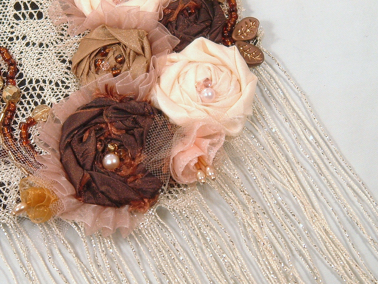 Shabby Chic Statement Necklace Sparkling Fringe Fabric Roses Beaded - SeamsVictorian