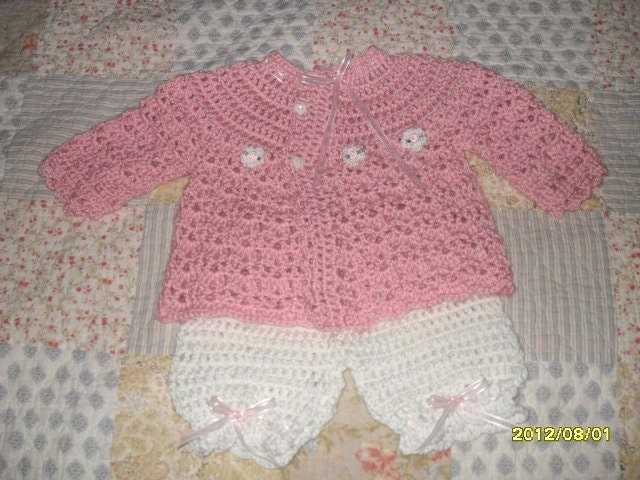 Crocheted set for baby girls 12- 18 months Baby pink cardigan and white bloomers SO CUTE