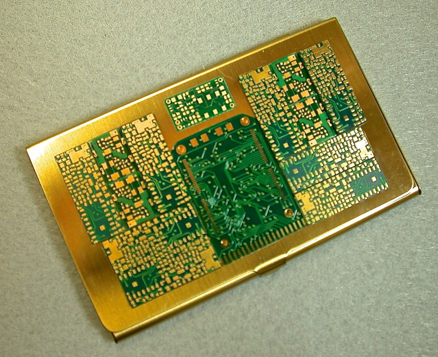 Recycled Green 24K GOLD Circuit Board Brass Vintage Business Card Holder Paperweight