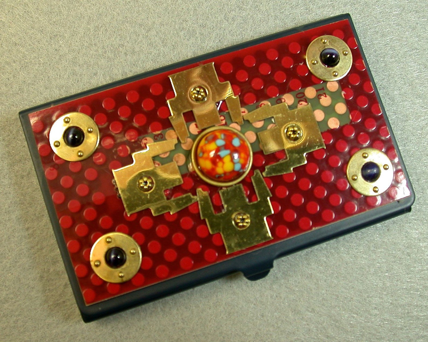 Recycled Rare RED Polka Dot CIRCUIT BOARD Vintage Dark Blue Card Holder