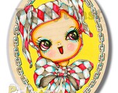 Original Painting-Little Joker-Happy Harlequin Clown-Big Eye GIrl-Pinkytoast Art-6x8 inches