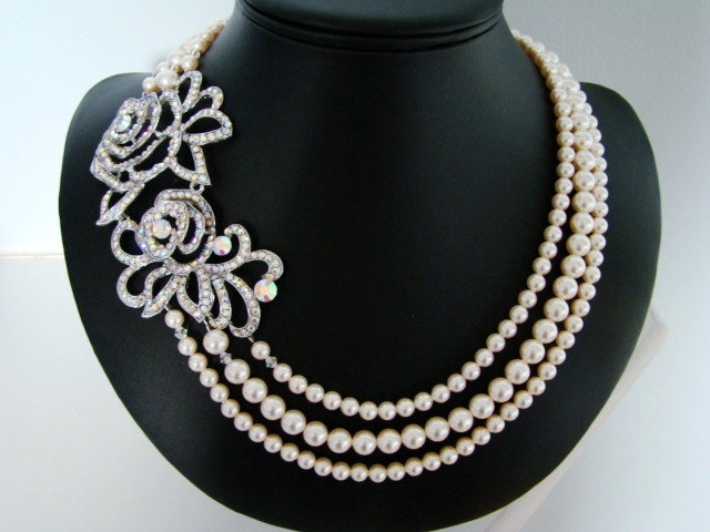 Flower Wedding Necklace, Pearl Bridal Necklace, Bridal Jewelry, Statement, Pearl, Irridecent, Rose  - The Sophia