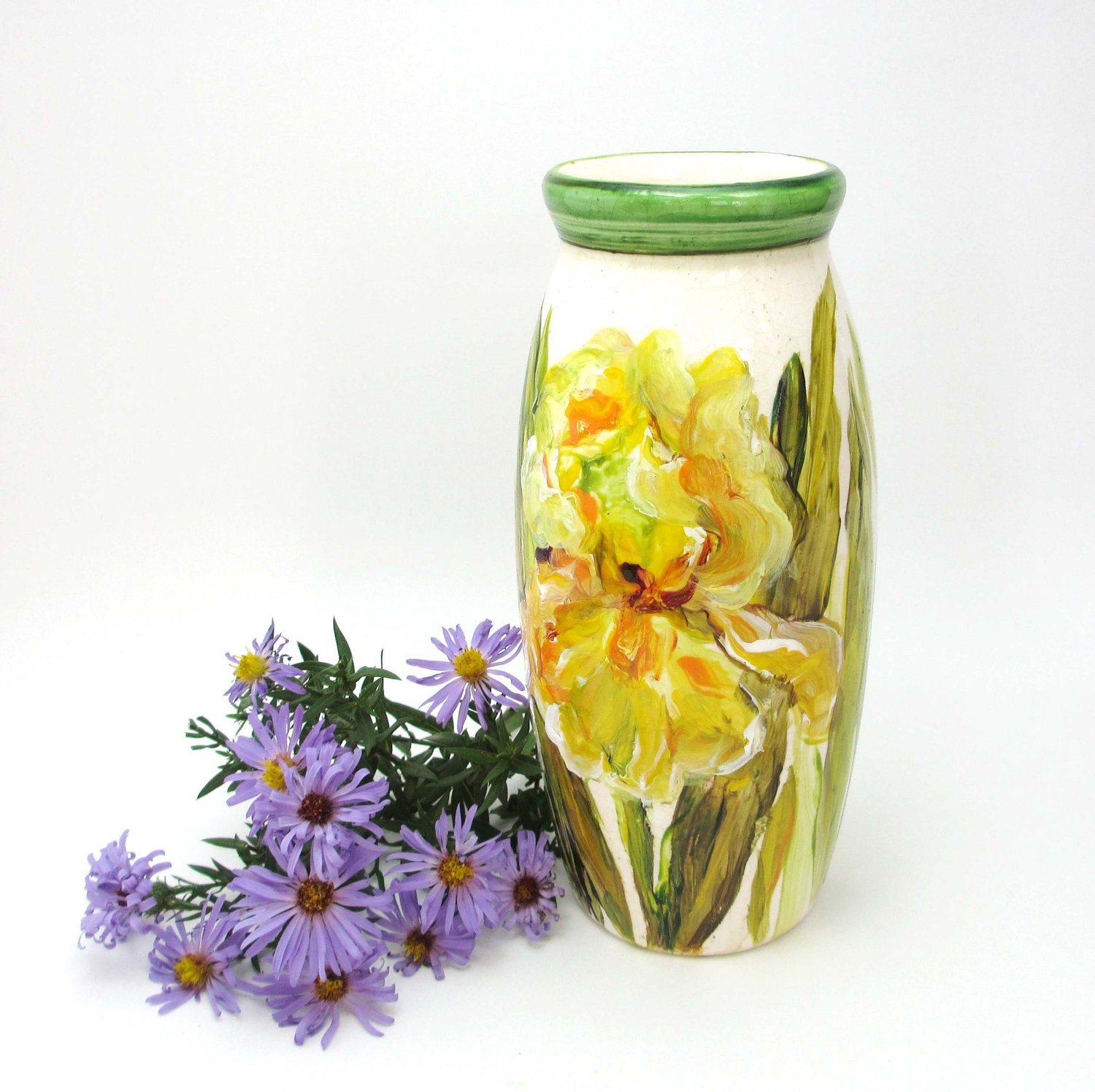 Yellow Iris Flowers- Original Painted Ceramic Floral Art Vase-Unique Home Decor