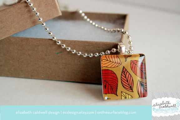 Fall Leaves Doodle Glass Tile Pendant Necklace
