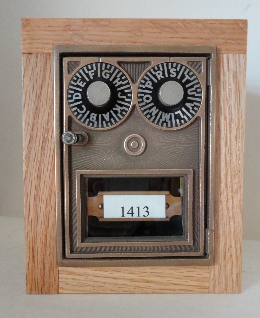 Oak Bank with Brass Target Post Office Door 1413 Combination Lock lockbox USPS Mailbox Stamp Wedding Gift USPS Postal Postman Groomsman