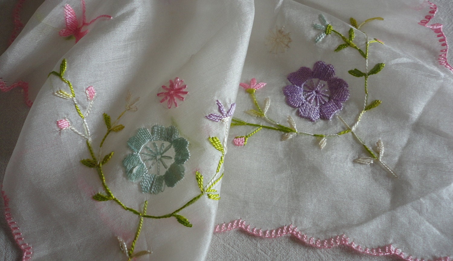Vintage Pastel Silk on Silk Handkerchief Embroidered Floral Wedding Bridal bride Hanky hankies handmade crochet edging winter white