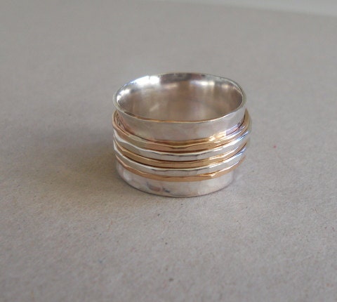 Sterling and Gold Spinner Ring- Fiddle Ring Silver and Gold