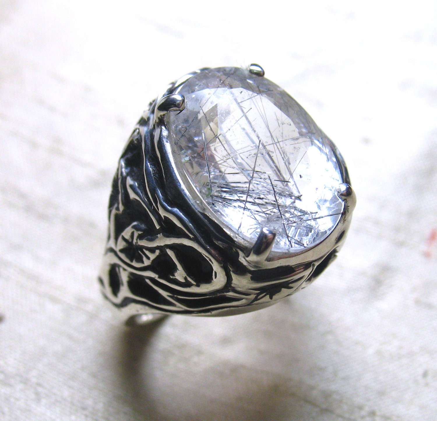 Tangled Vine Ring in Tourmalated Quartz and Sterling Silver