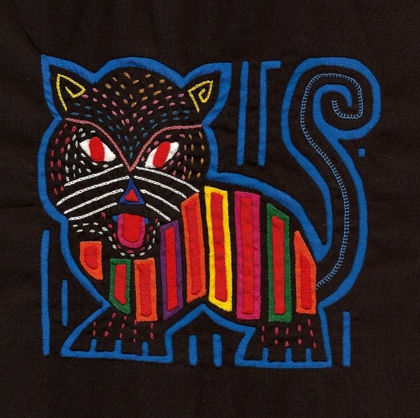 Museum Quality Mola 'Night Cat' - Kuna Indian Reverse Applique