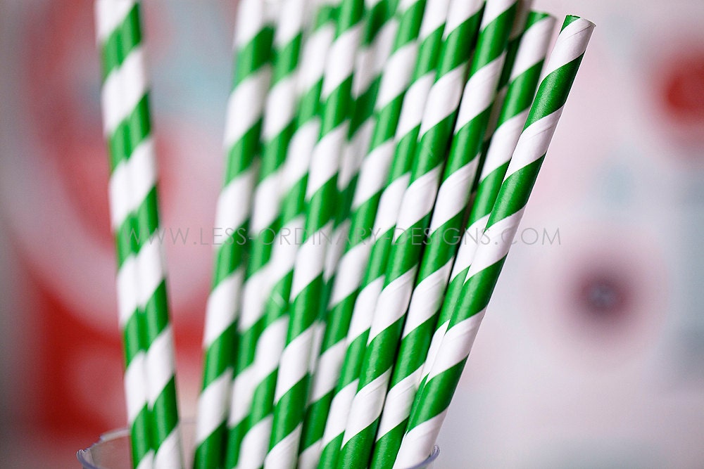 25 green paper straws, striped dark green straws for parties and events, free printable flags