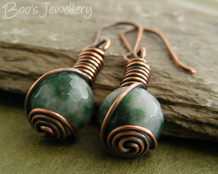 Antiqued copper earrings with faceted green jade beads, spiral wrapped with a rosebud knot