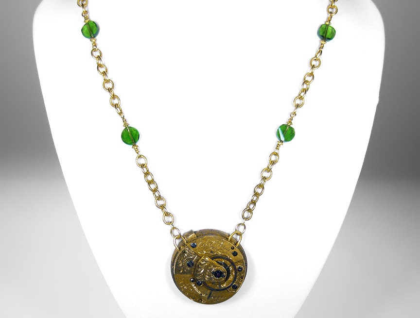 Steampunk Jewelry Necklace Antique Gold ENGLISH Pocket Watch 1860's Peridot Crystal Statement Wedding Mothers Day - Steampunk by edmdesigns
