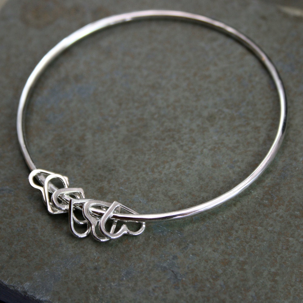 Sterling Silver Bangle, Heart Charm Bracelet, Besos, Stacking Bracelet, Stackable Bangle, Single Bracelet, Mothers Day