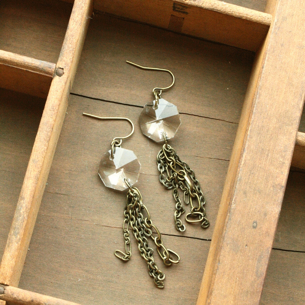 Cascade Chandelier Earrings, Vintage Glass and Chain Chandelier Earrings, Chandelier crystal, Brass Chain Drop Earrings