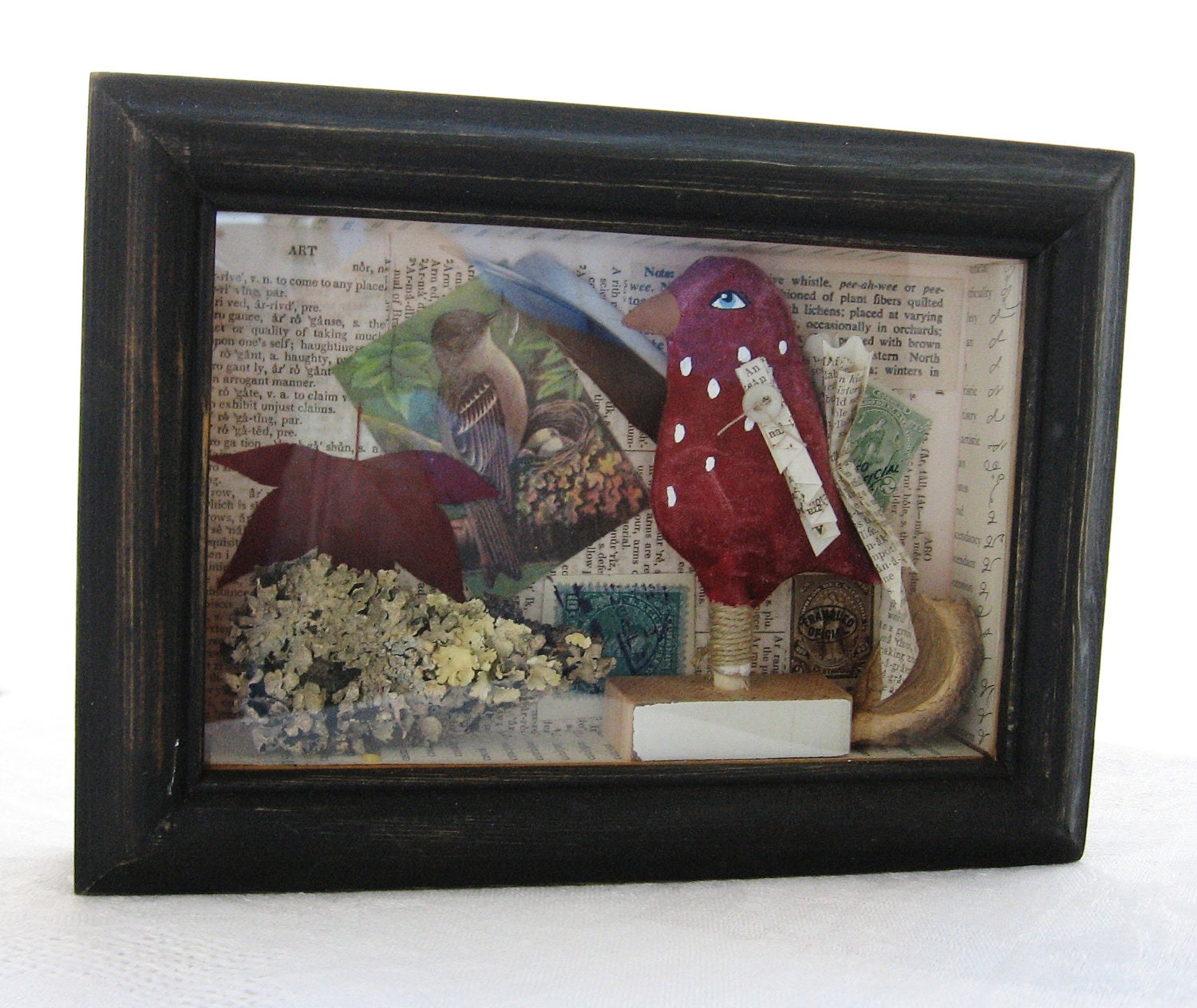 Folk Art Shadow Box Assemblage/Collage Vintage Paper Red Bird - digiliodesigns