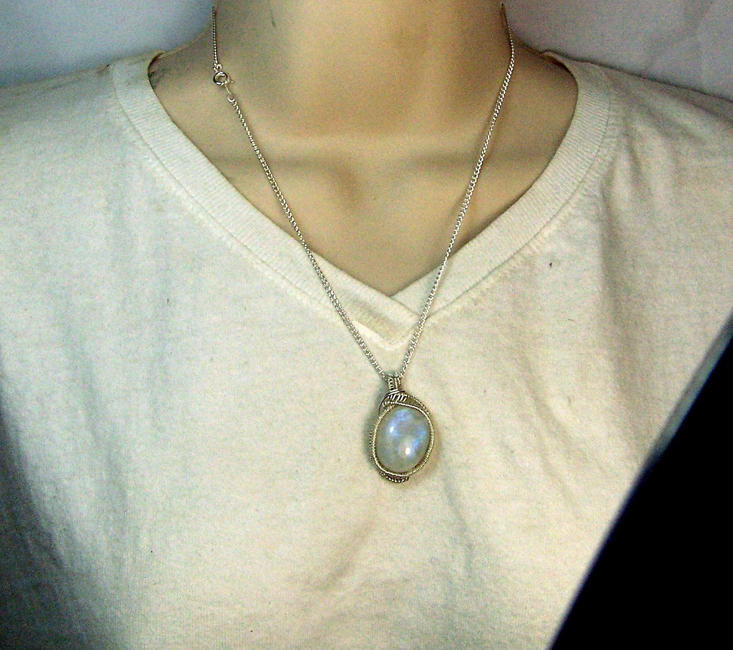 Rainbow Moonstone Necklace Pendant - Sterling Silver - Wire wrap - wrapped - Rainbow Moonstone pendant - cabochon - blue purple fire