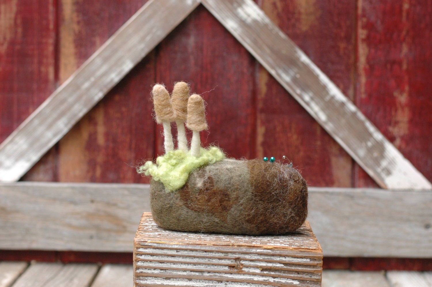 Felted Fungus on a Log - Needle Felted Mushroom Pincushion