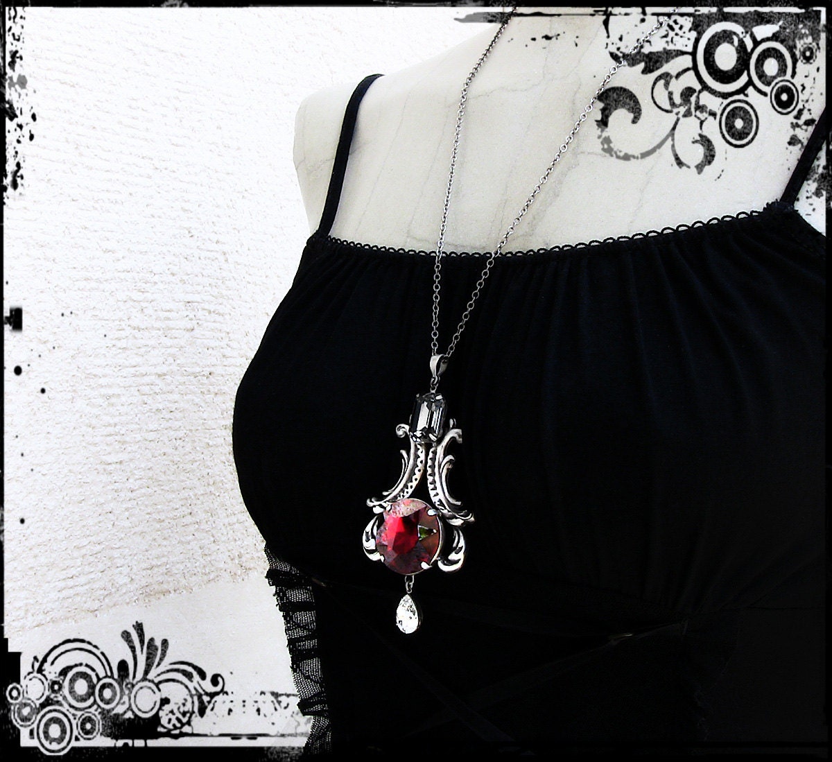 Red Gothic Pendant Silver Necklace Swarovski Crystal Gothic Jewellery