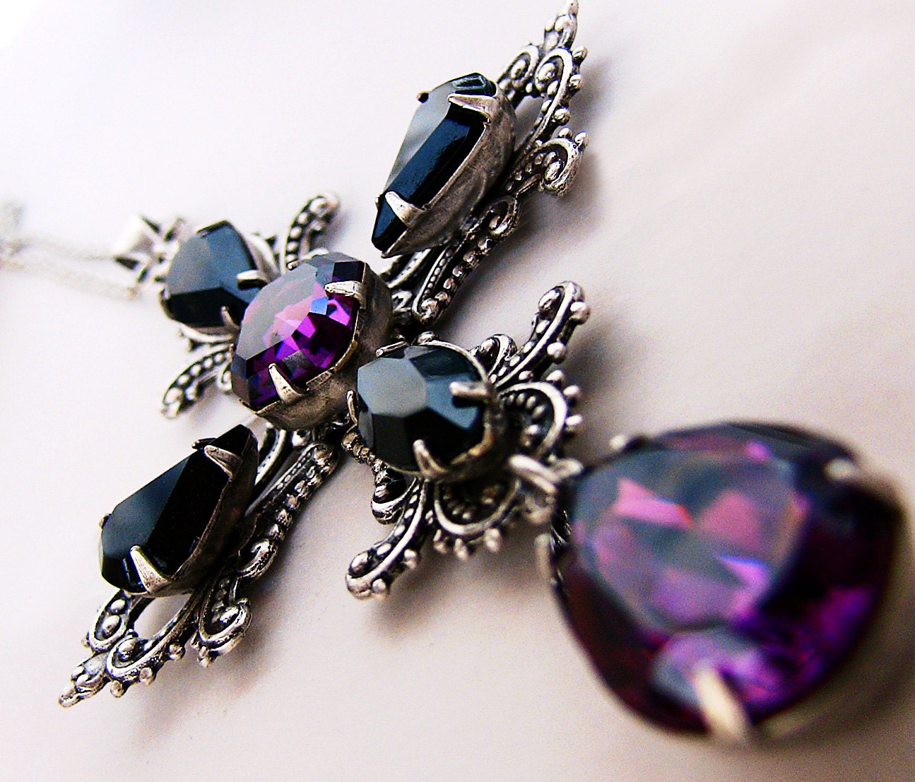 Gothic Cross Necklace Pendant Purple Black Swarovski Silver Gothic Jewelry